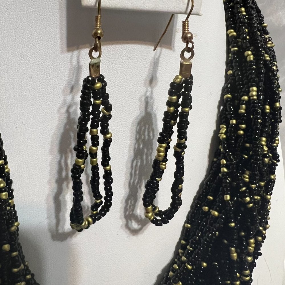 Vintage NENA Multi-strand Black & Gold Seed Bead Necklace, Bracelet & Earrings - Picture 3 of 8